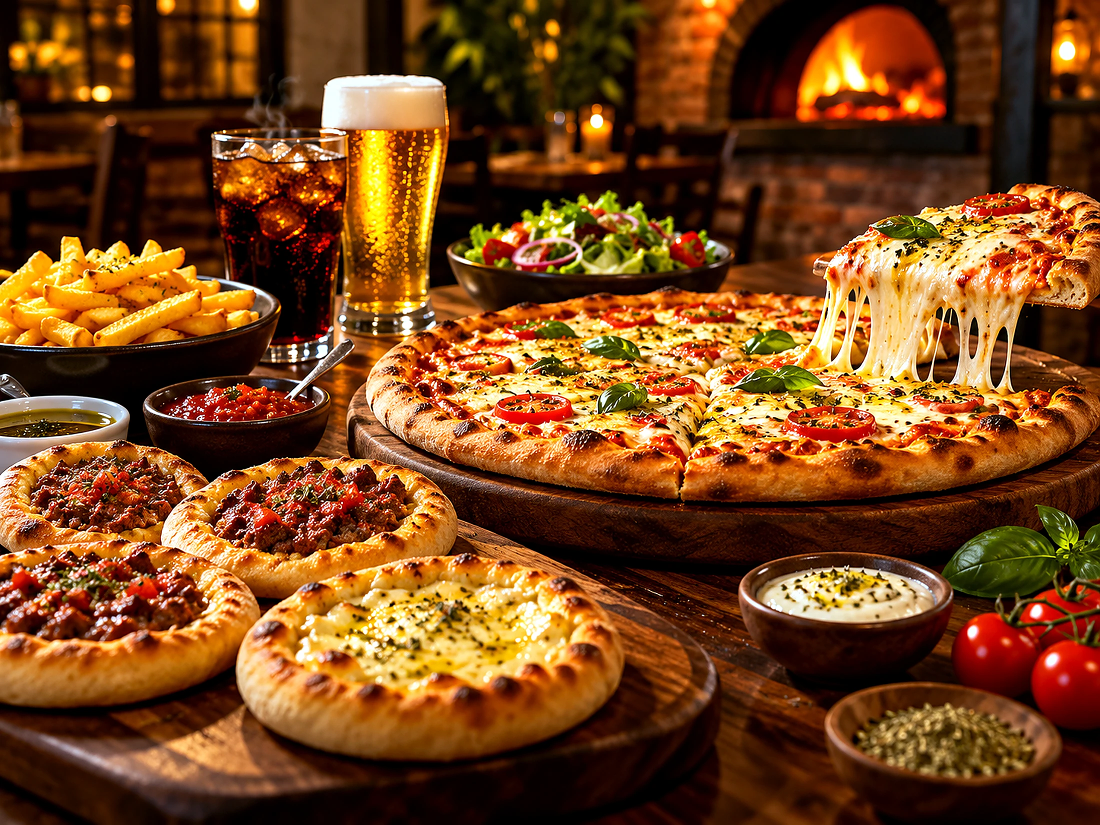 Mesa com pizza e esfihas